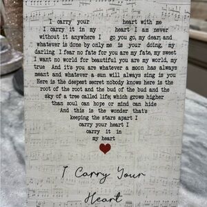 I Carry Your Heart Poem Canvas by EE Cummings. Canvas 12” x 8”